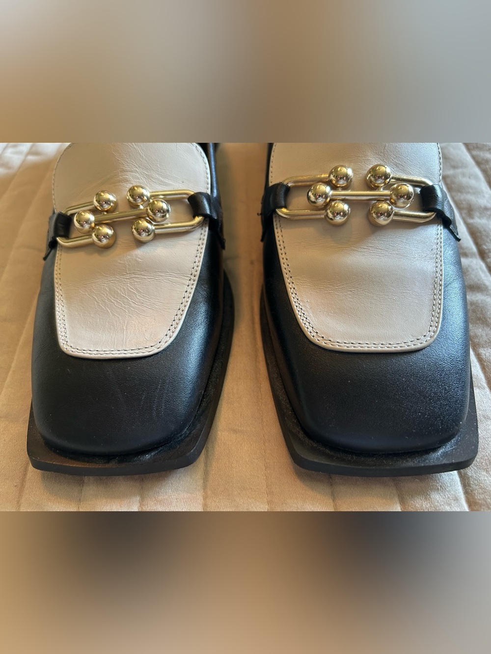 Alohas Two-Tone Black & White Leather Loafers with Gold Hardware - Picture 3 of 11